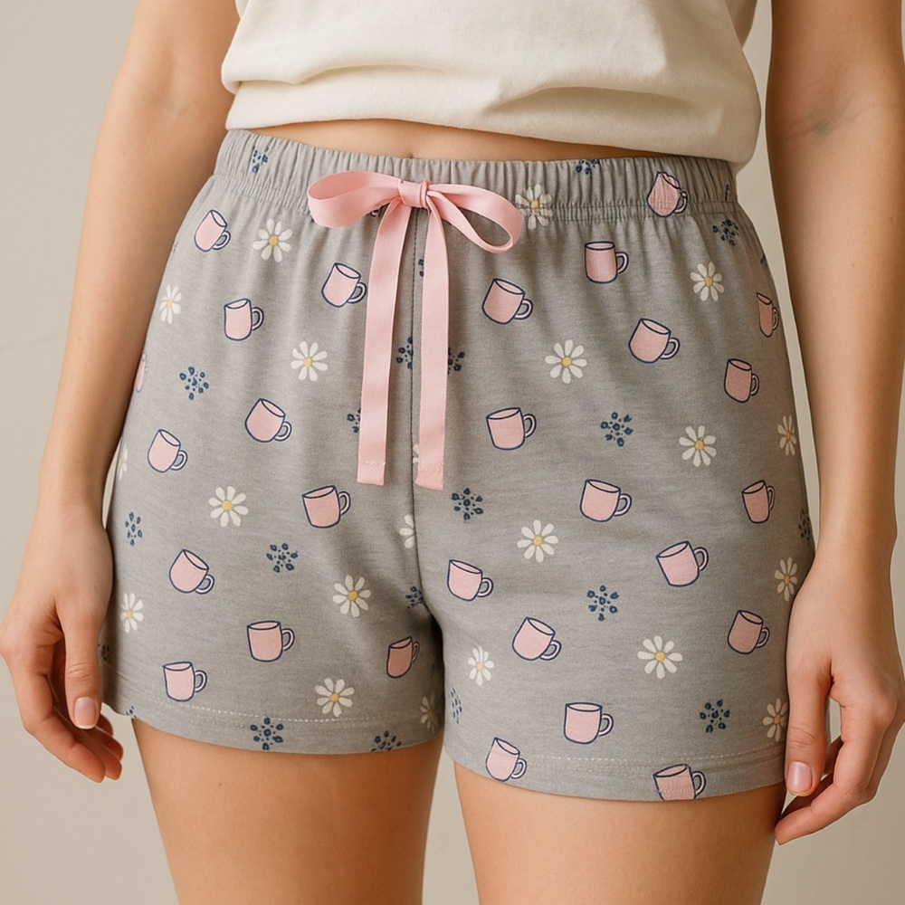 Life is Good Pajama Sleep Shorts Gray Pink Mug Daisy Print Large NWOT